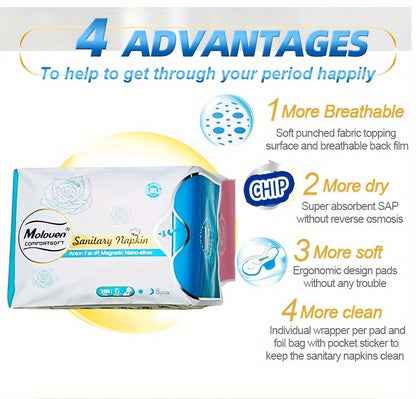 6-Pack Moloven Women'S Sanitary Napkins, 60/56pcs, Ultra-Thin Wings, Soft Comfort, Overnight Absorbent Menstrual Protection, Fragrance-Free, Disposable, Travel Size, Woven Fabric, Non-Woven Material, Pad Format