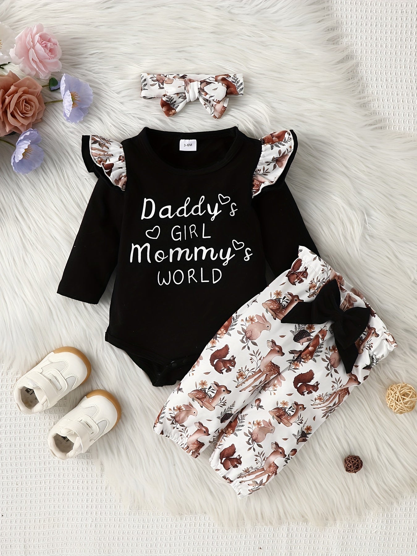 Adorable 3pcs Outfit For Baby Girls - Romper, Ruffle Sleeve Bodysuit, Cartoon Print Pants & Headband Set!