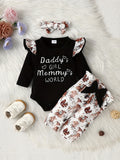 Adorable 3pcs Outfit For Baby Girls - Romper, Ruffle Sleeve Bodysuit, Cartoon Print Pants & Headband Set!