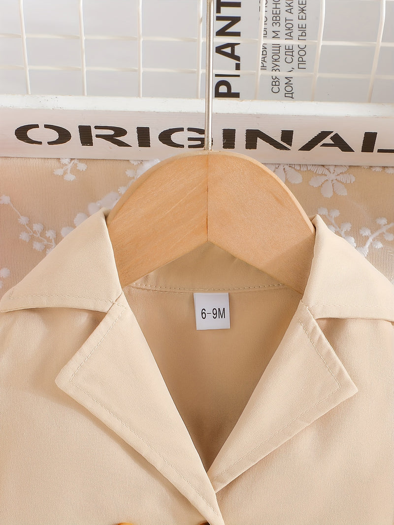 Baby Girls Fashion Button Long Sleeve Lapel Collar Coat + Bow Pleated Suspender Skirt Two-piece Set Outdoor Clothing