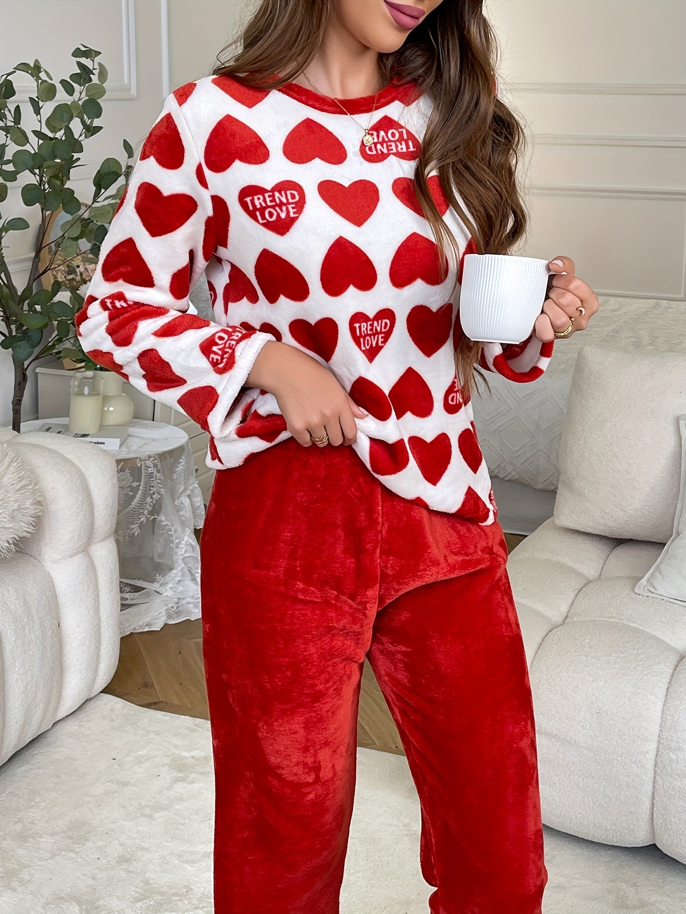 Women'S Polyester 100% Knit Pajama Sets - Casual Crew Neck Long Sleeve Top and Pants with Pattern Detail, Cozy Flannel Loungewear for Fall/Winter