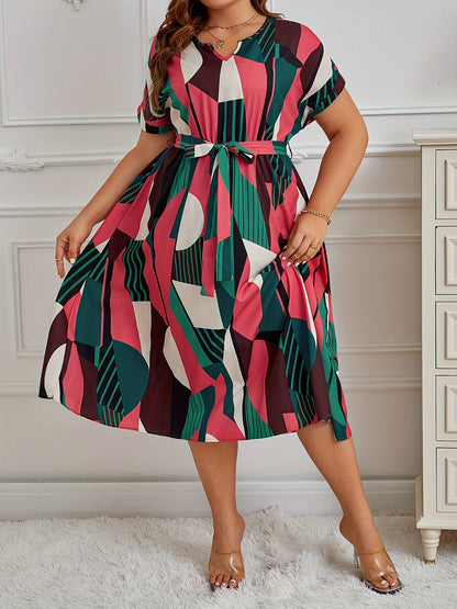Vestido con estampado tropical y mangas murciélago, talla grande, escote en V, cintura con cinturón, poliéster ligero, lavable a máquina, ideal para vacaciones de verano. Vestidos de verano de talla grande.