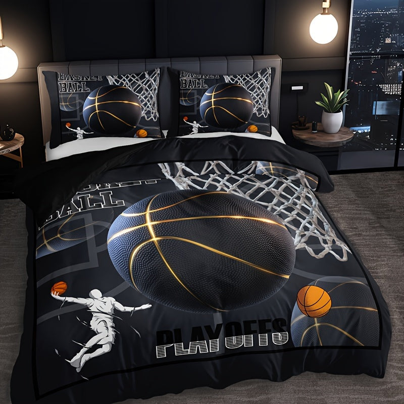3pcs -Themed Bedding Set - 1 Duvet Cover + 2 Pillowcases, Black with & Print, Breathable Polyester, All-Season Comfort for Home & Dorm Decor