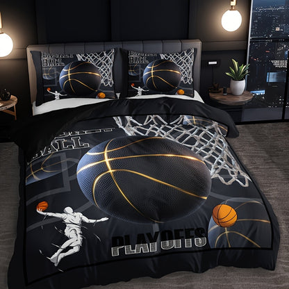3pcs -Themed Bedding Set - 1 Duvet Cover + 2 Pillowcases, Black with & Print, Breathable Polyester, All-Season Comfort for Home & Dorm Decor