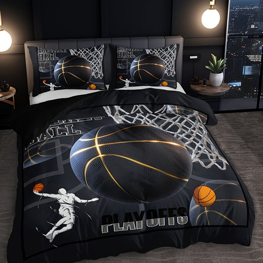 3pcs -Themed Bedding Set - 1 Duvet Cover + 2 Pillowcases, Black with & Print, Breathable Polyester, All-Season Comfort for Home & Dorm Decor