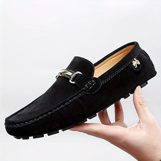 Men's Buckle-Decorated Loafers, Slip-On Driving Shoes, Flat Boat Shoes, Comfortable Soft-Soled Non-Slip Solid Color Shoes