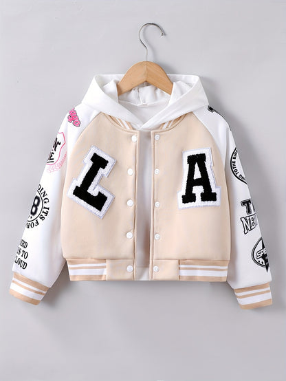 Alphabet LA Pattern Girl's Varsity Jacket, Raglan Color Block Thermal Lined Preppy Jacket Spring/ Fall Outerwear