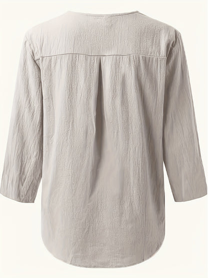 V-Neck Button-Up Top - Loose Fit Solid Color Pullover, Fashionable Casual V-Neck Shirt for Women, Relaxed Fit, Non-Stretch Cotton Linen Blouse