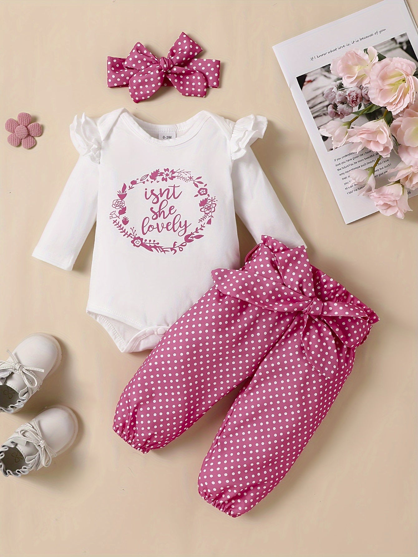 2pcs Baby Girl's Stylish Set, "Isn't She Lovely" Print Long Sleeve Onesie + Polka Dot Pants, Comfy Trendy Outfit