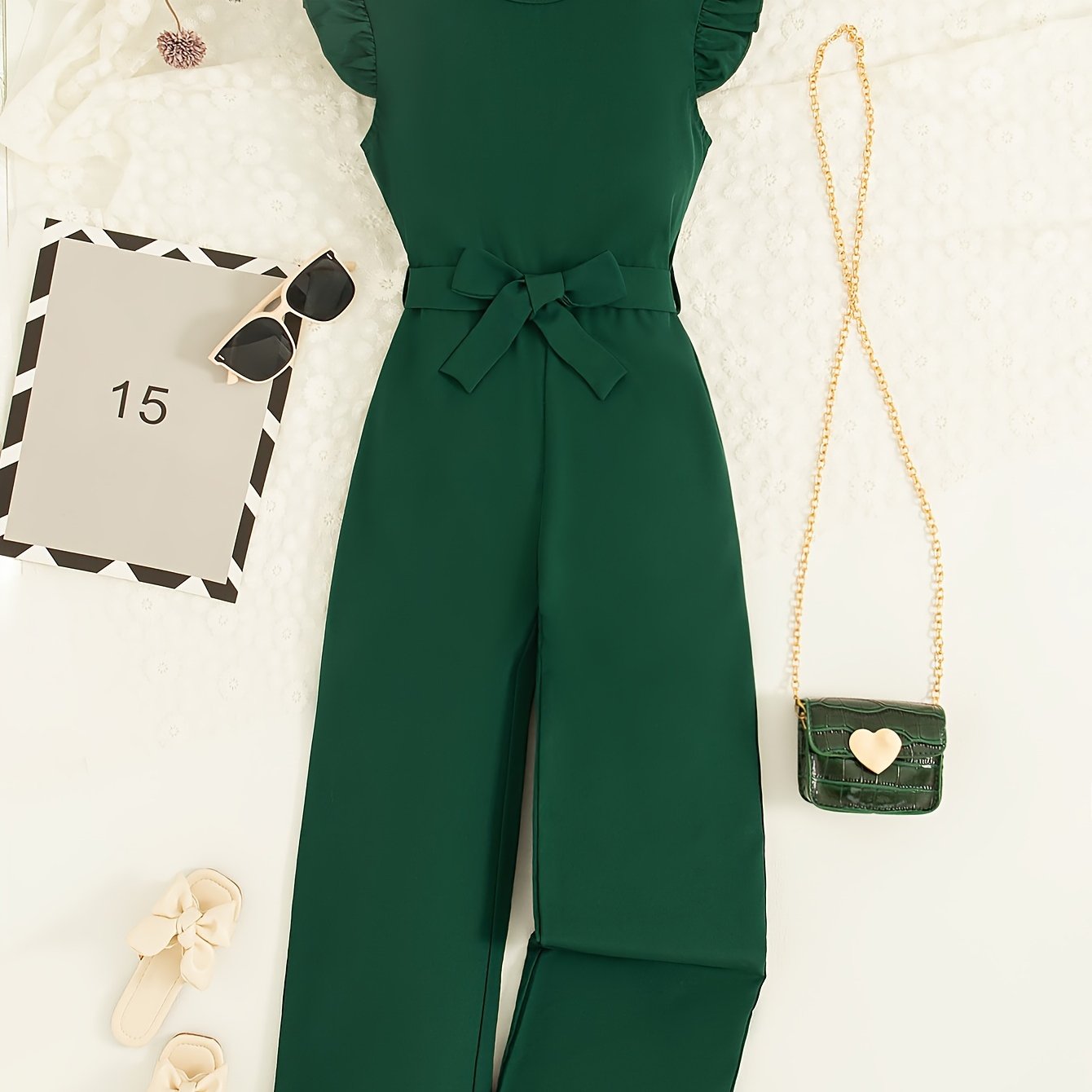 Elegant Girls Solid Belted Flutter Trim Jumpsuit Romper For Summer Party Gift Outdoor