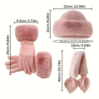 Winter Warmth Set for Women - 3pcs Fashionable Gloves, Scarf, and Hat Combo, Thick Fleece Lining, Perfect for Cold Weather & Outdoor Activities, Ideal Christmas or Valentine's Gift