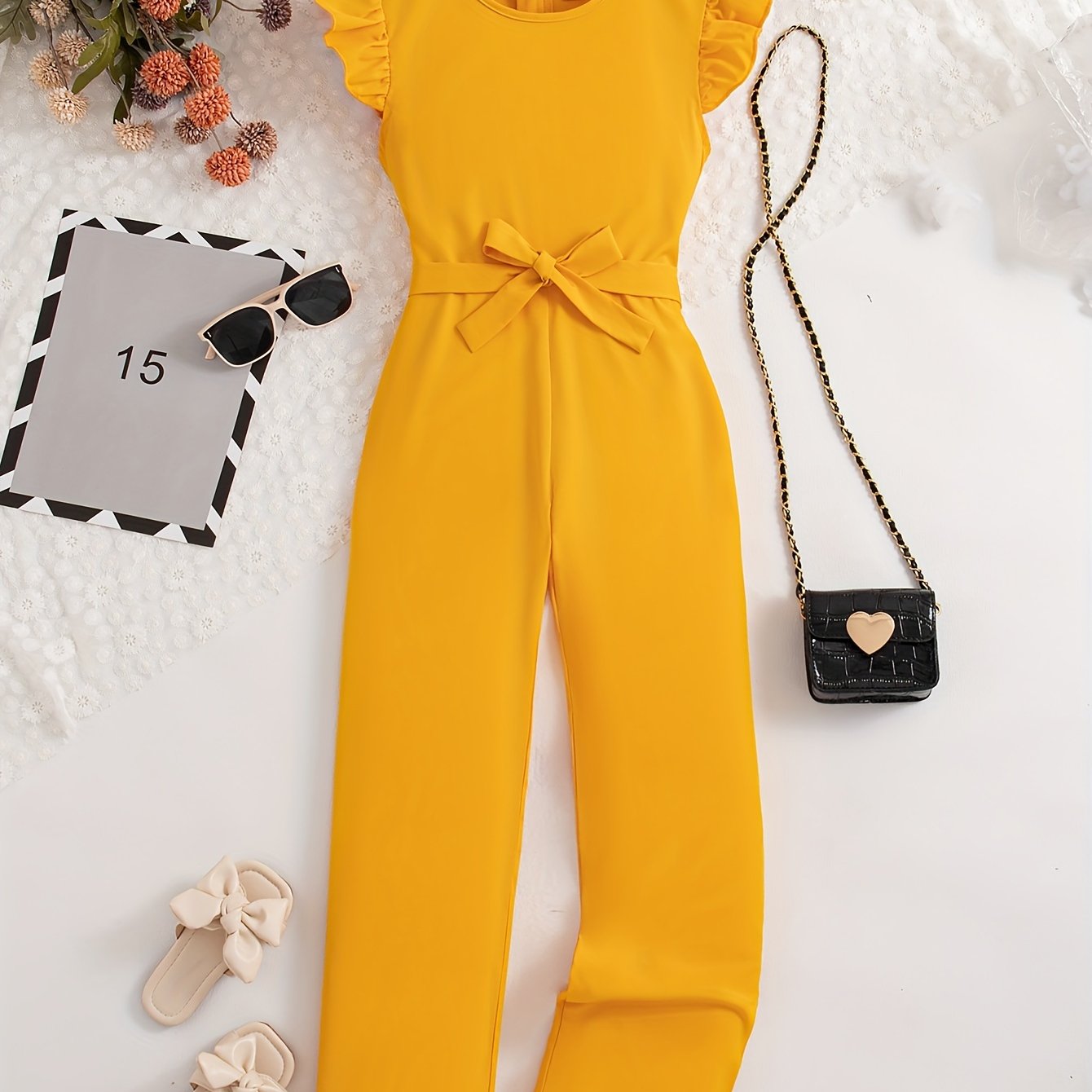 Elegant Girls Solid Belted Flutter Trim Jumpsuit Romper For Summer Party Gift Outdoor