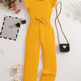 Elegant Girls Solid Belted Flutter Trim Jumpsuit Romper For Summer Party Gift Outdoor