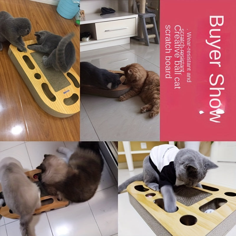 Interactive Cat Scratcher Board with Teaser Ball - Durable Corrugated Cardboard, Multi-Functional Play and Exercise Toy for Cats, Ideal New Year or Christmas Gift - 1pc, Cat Play Toy | Multifunctional Scratcher | Textured Pla