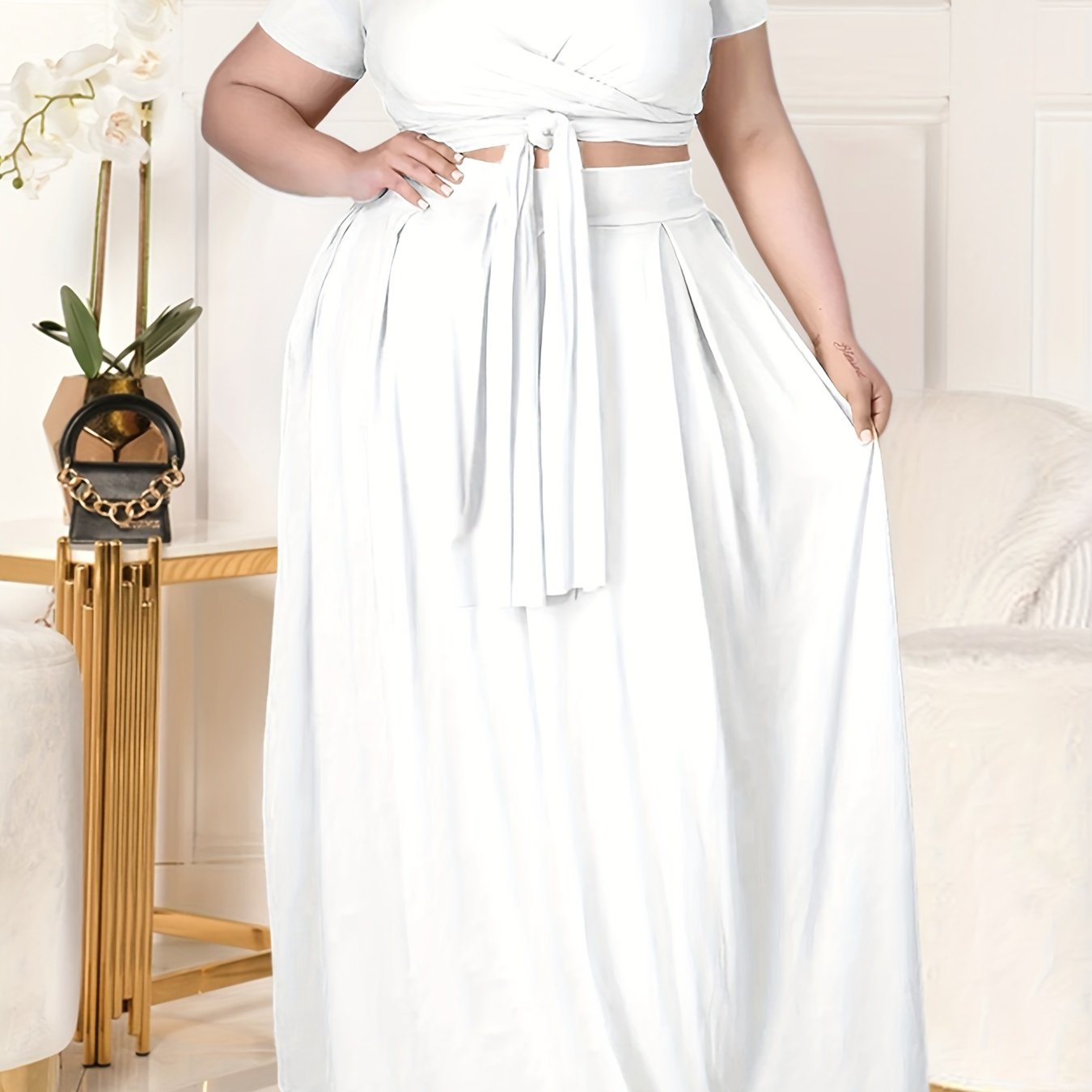 Plus Size Women's Solid Color Cross Tie Maxi Skirt Set, Casual Polyester Knit Dress with Short Sleeves, Round Neck, Pullover, Elastic Fabric, Fashionable Two-Piece Outfit