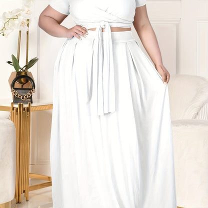 Plus Size Women's Solid Color Cross Tie Maxi Skirt Set, Casual Polyester Knit Dress with Short Sleeves, Round Neck, Pullover, Elastic Fabric, Fashionable Two-Piece Outfit
