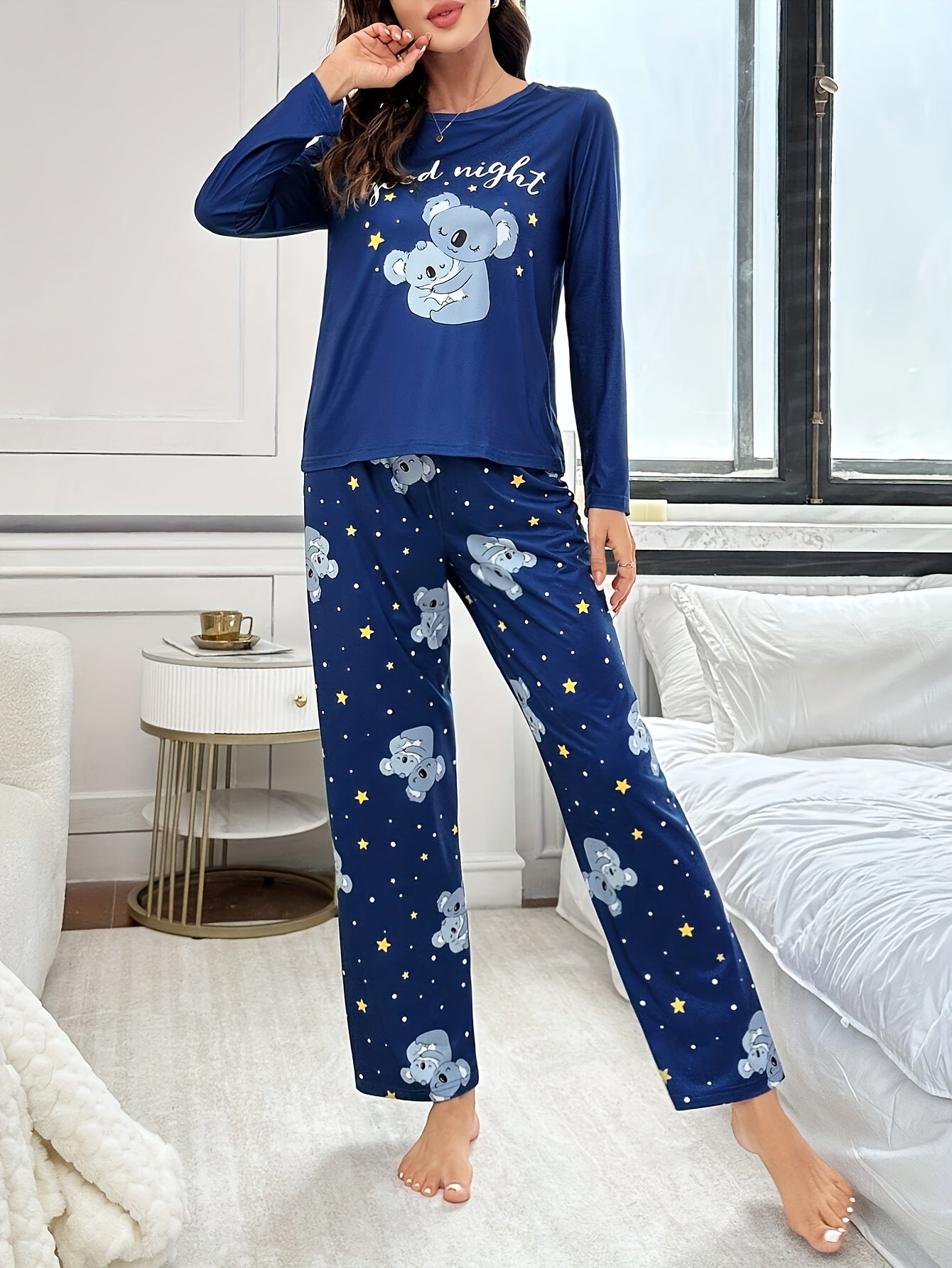 Polyester Blend Crew Neck Pajama Set for Teens - Cute Cartoon Animal Print, Cozy Knit Fabric, Slight Stretch, Regular Fit - Ideal for All Seasons