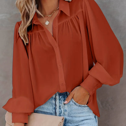 Plus Size Basic Blouse, Women's Plus Solid Button Up Lantern Sleeve Turn Down Collar Slight Stretch Blouse