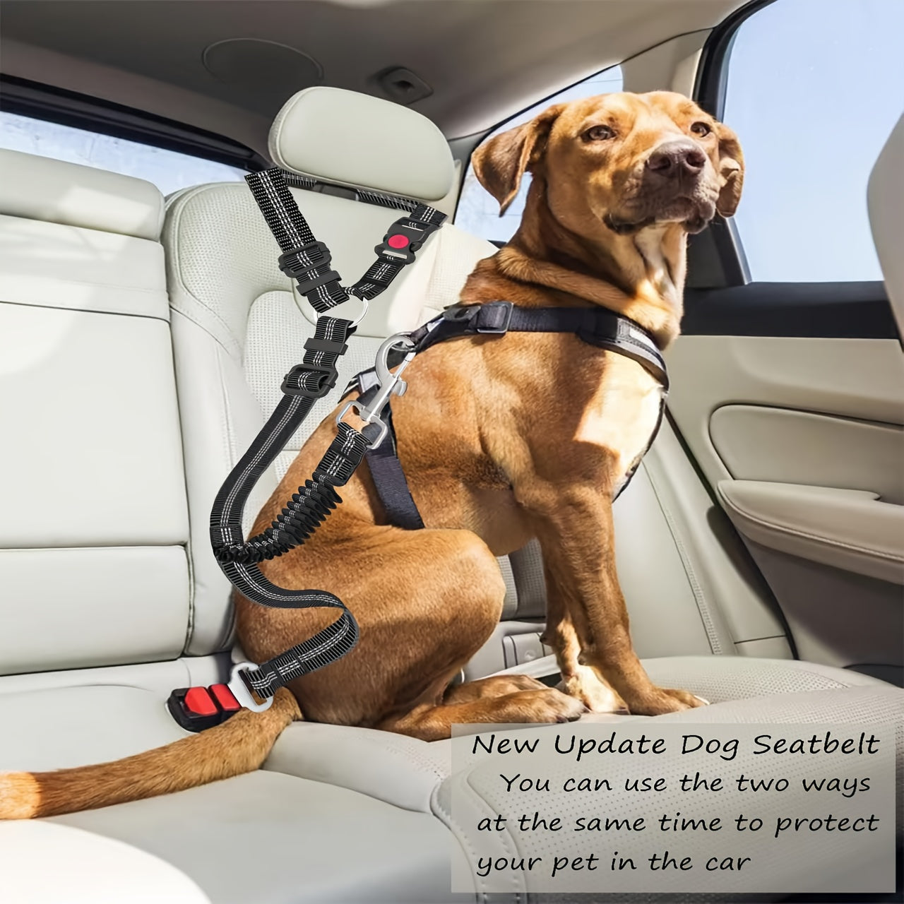 Heavy-Duty Adjustable Dog Seat Belt - Dual-Use, Retractable Car Harness with Elastic Bungee for Pet Safety & Comfort, Nylon Striped Design