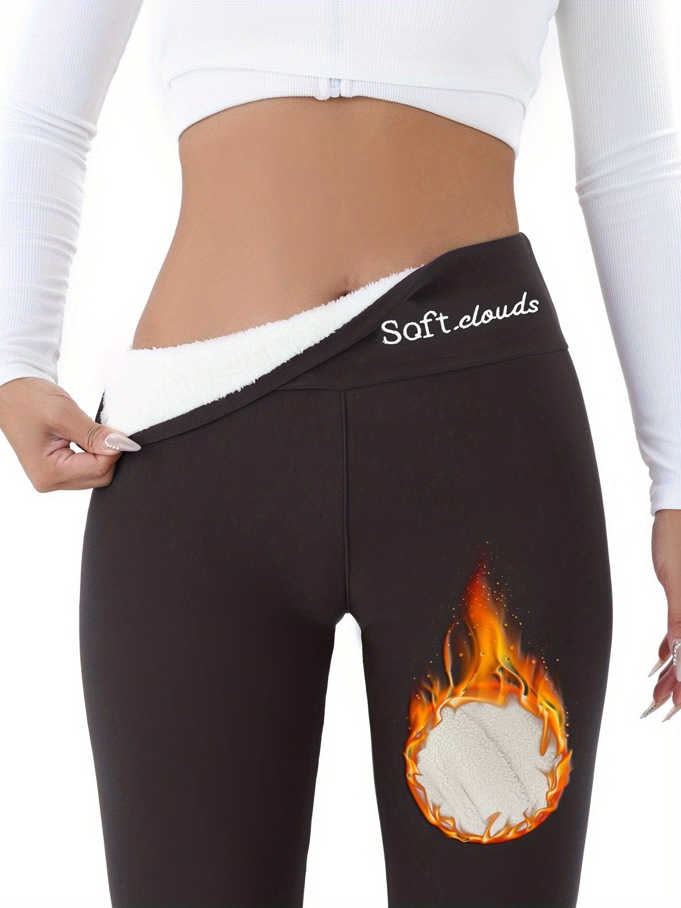 Women's Elegant Embroidered Fleece-Lined Leggings - Soft, Stretchy, Warm Fall & Winter Black Pants with Flame Detail, Plus Size Pants