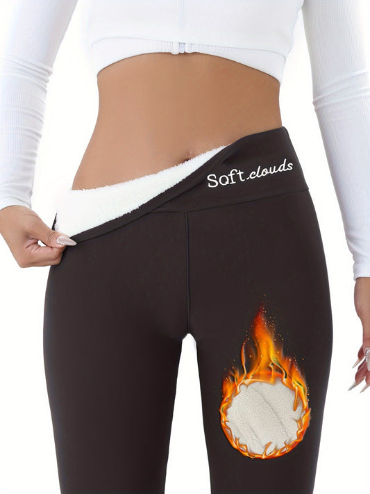 Women's Elegant Embroidered Fleece-Lined Leggings - Soft, Stretchy, Warm Fall & Winter Black Pants with Flame Detail, Plus Size Pants