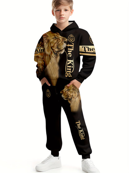 Boys' 3D Lion Print Hoodie &amp; Joggers Set - Casual, Comfy Polyester Outfit for Spring/Fall, Perfect for Outdoor