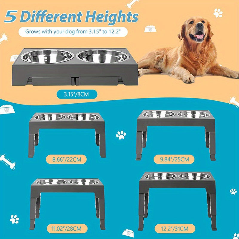Comederos elevados ajustables para perros pequeños, medianos y grandes. Incluye dos comederos de acero inoxidable para comida y agua. Favorecen una mejor digestión y una mejor postura.