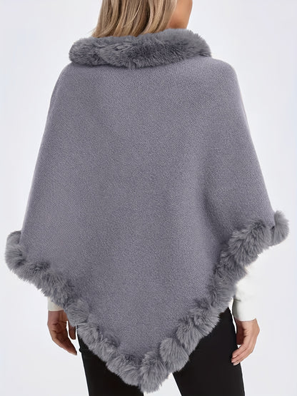 Women's Elegant Cream-Colored Knit Sweater with Faux Fur Trim - High Neck, Batwing Sleeves, Cozy Autumn/Winter Pullover Shawl Cape, Autumn Wardrobe Accessory|High Neck Pullover|Plush Lining
