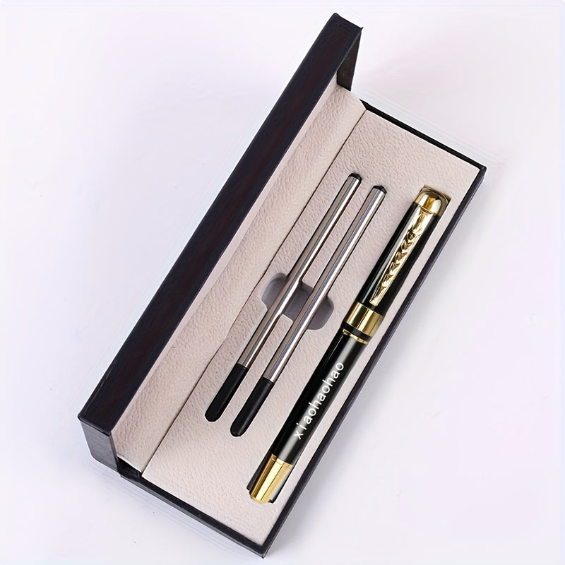 1pc Luxury Personalized Metal Ballpoint Pen Set with 2 Refills and Gift Box - Black & Silver, Engraved Name, Elegant Office and Business Men'S Gift