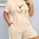2pcs Women'S Plus Size Casual Outfit - Heart Print Short Sleeve T-Shirt & Pocketed Shorts, Stretchy Waistband, Crew Neck, Soft Fabric, Perfect for Spring/Summer