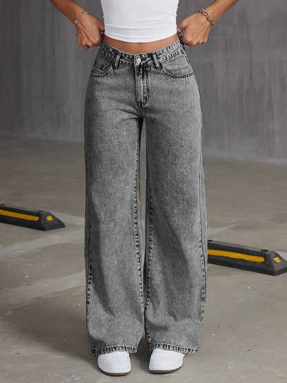 Jeans de mezclilla de moda para niñas HEY+JEANS, corte holgado largo, cintura ajustable, pierna ancha, bordado de mariposa, sin elasticidad, de temporada, cierre de cremallera, pantalones casuales juveniles.