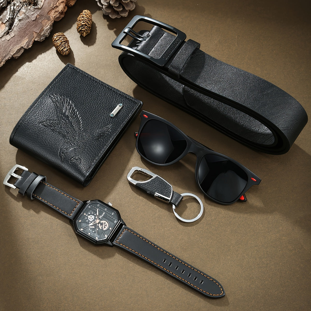 Men's Casual 5-Piece Gift Set with Quartz Watch, Leather Belt, Wallet, Glasses & Keychain Accessory Box - PU Panel, Alloy Buckle, Square Button - Perfect for Holidays & Business Travel