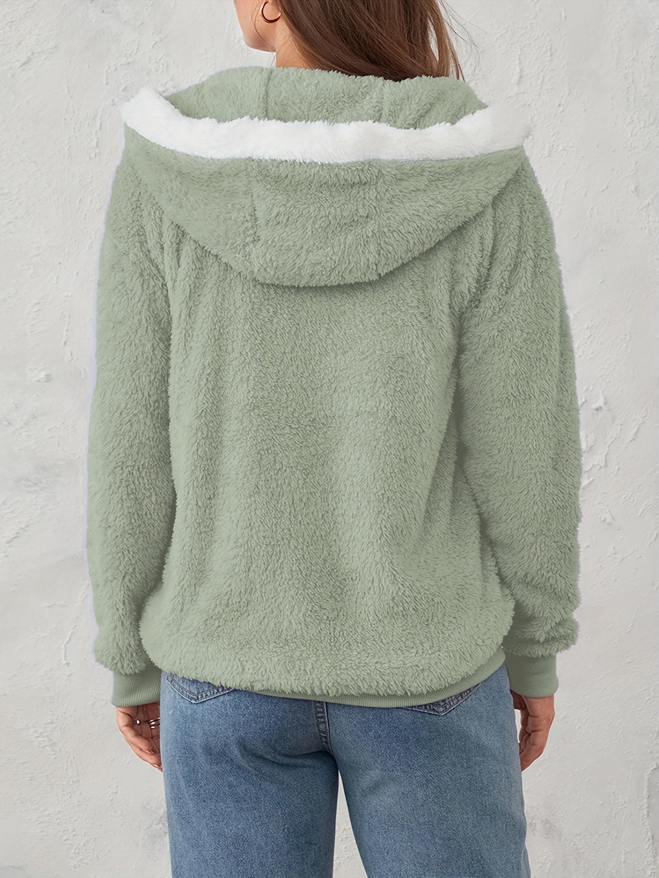 Plus Size Fuzzy Hooded Coat, Casual Long Sleeve Zipper Coat With Pockets, Women's Plus Size Clothing