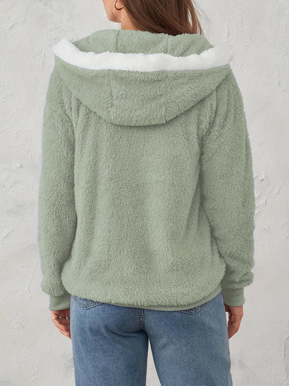 Plus Size Fuzzy Hooded Coat, Casual Long Sleeve Zipper Coat With Pockets, Women's Plus Size Clothing