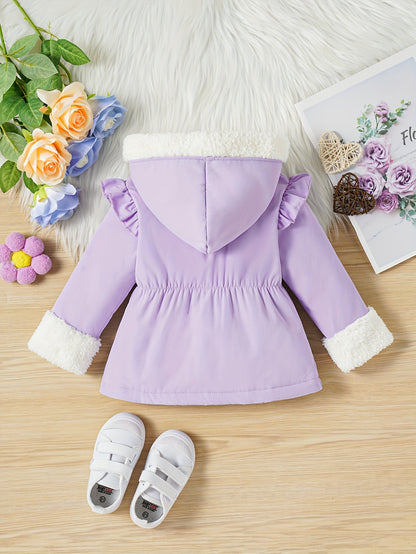 Toddler Kid's Warm Artificial Fleece Hooded Jacket, Lovely Ruffle Decor Outdoor Coat, Baby Girl's Clothing For Fall Winter