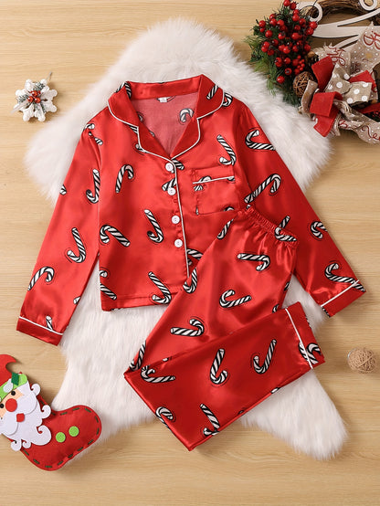 2pcs Set Spring New Year Welcome New Year Flame-retardant Fabric New Year Style Girls Flame-retardant Cardigan with Red Print Casual Long Sleeve Long Pants Pajama Set