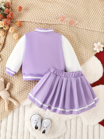 Conjunto de 2 piezas de chaqueta de béisbol con estampado de niña y falda plisada para exteriores, ideal para fiestas y deportes.