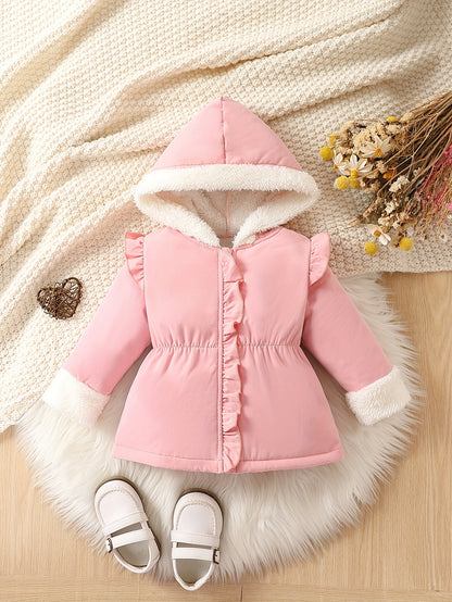 Toddler Kid's Warm Artificial Fleece Hooded Jacket, Lovely Ruffle Decor Outdoor Coat, Baby Girl's Clothing For Fall Winter