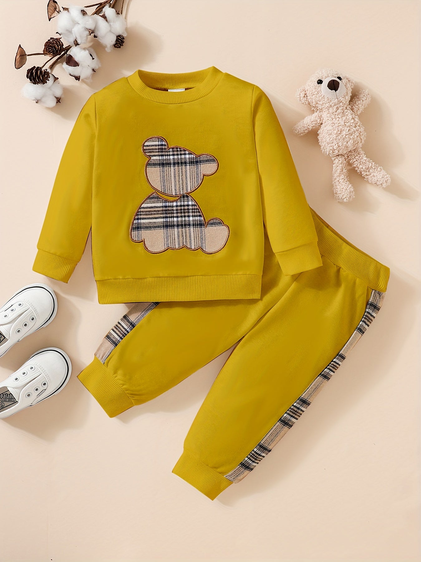 Adorable 2pcs Outfit For Toddler Girls &amp; Boys - Bear Embroidery Sweatshirt &amp; Splicing Pants! Outdoor Clothes