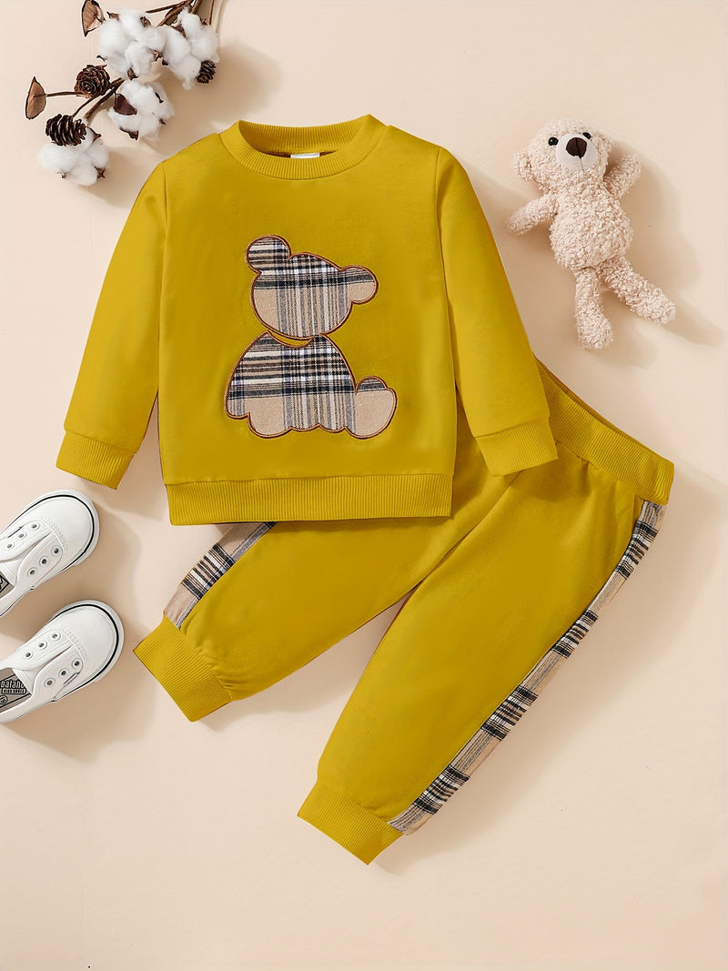 Adorable 2pcs Outfit For Toddler Girls &amp; Boys - Bear Embroidery Sweatshirt &amp; Splicing Pants! Outdoor Clothes