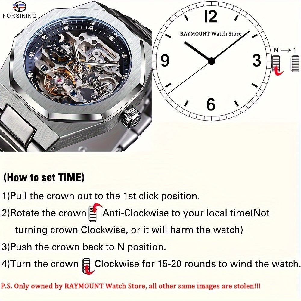 Reloj mecánico automático para hombre: esqueleto de diamantes de imitación 3D, acero inoxidable, estilo deportivo y profesional, regalo perfecto.