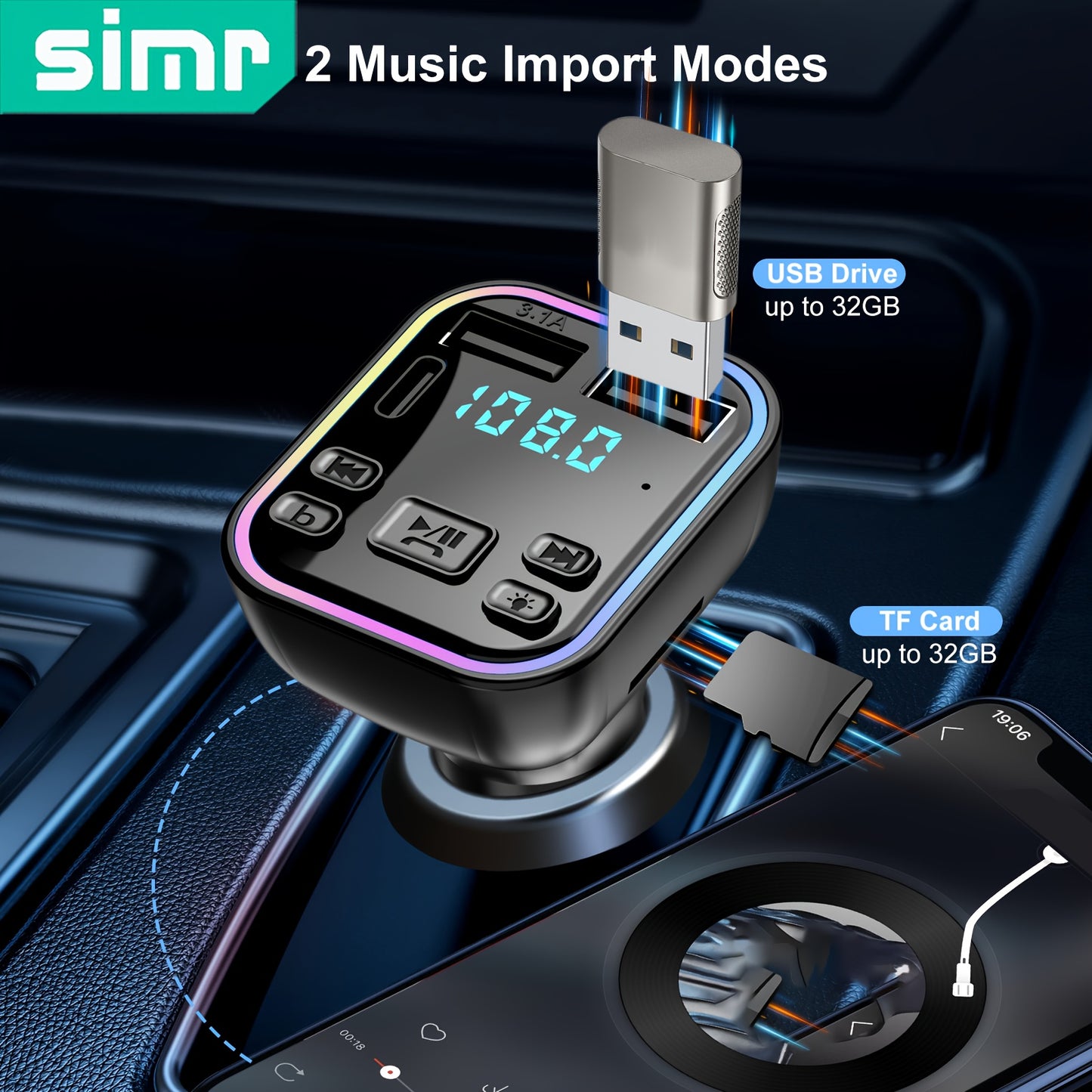 SIMR Wireless FM Transmitter Car Charger, Dual USB &amp; Type-C, 3.1A Fast Charging, MP3 Player, Hands-Free Calling, Audio Receiver with Ambient Light, USB Type-C Connector, Matte Finish, Female to Male Adapter