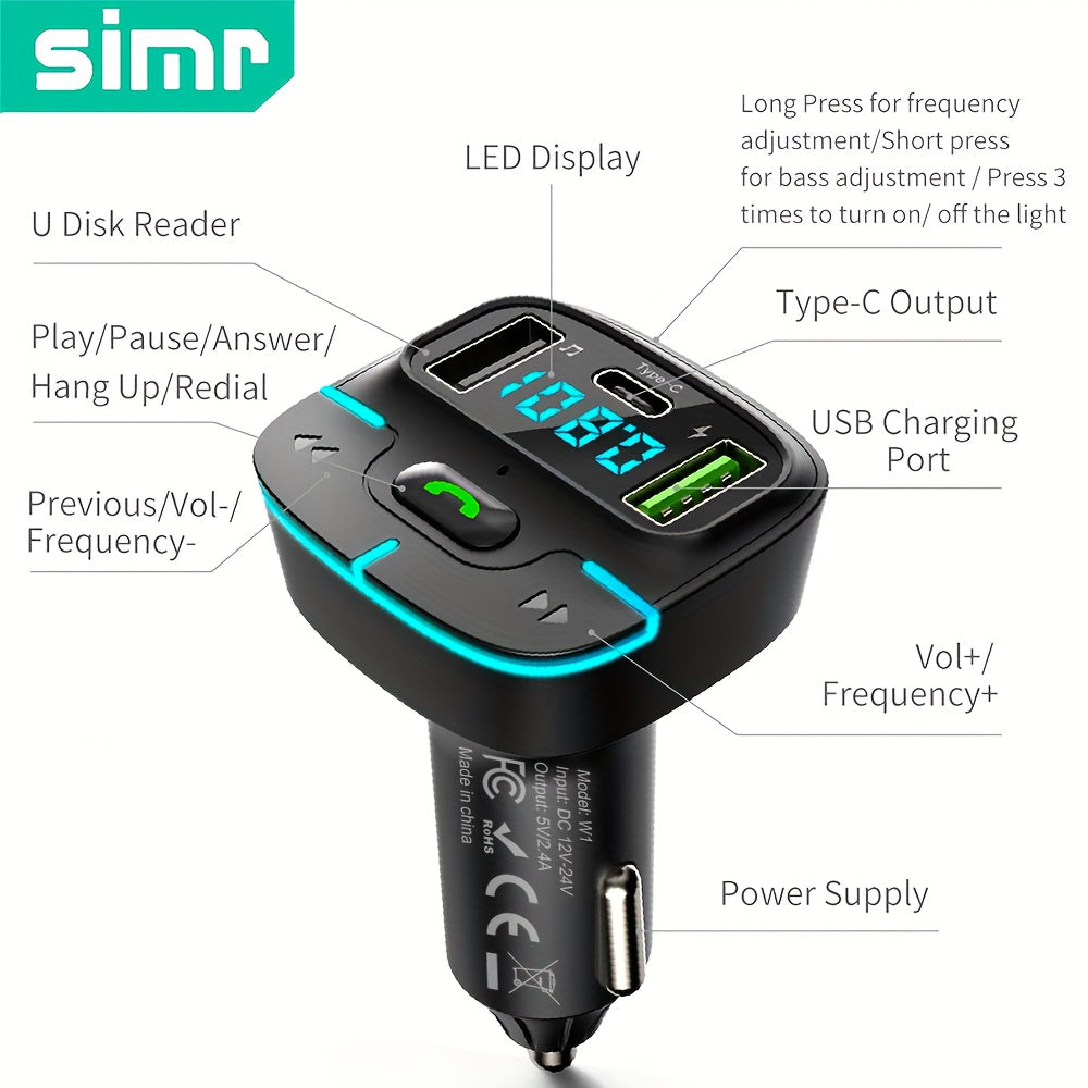 Super Lossless Sound Wireless Car MP3 Player FM Transmitter Dual USB Fast Charging PD Type-C USB One-Key Hands-Free Calling Car Audio Receiver