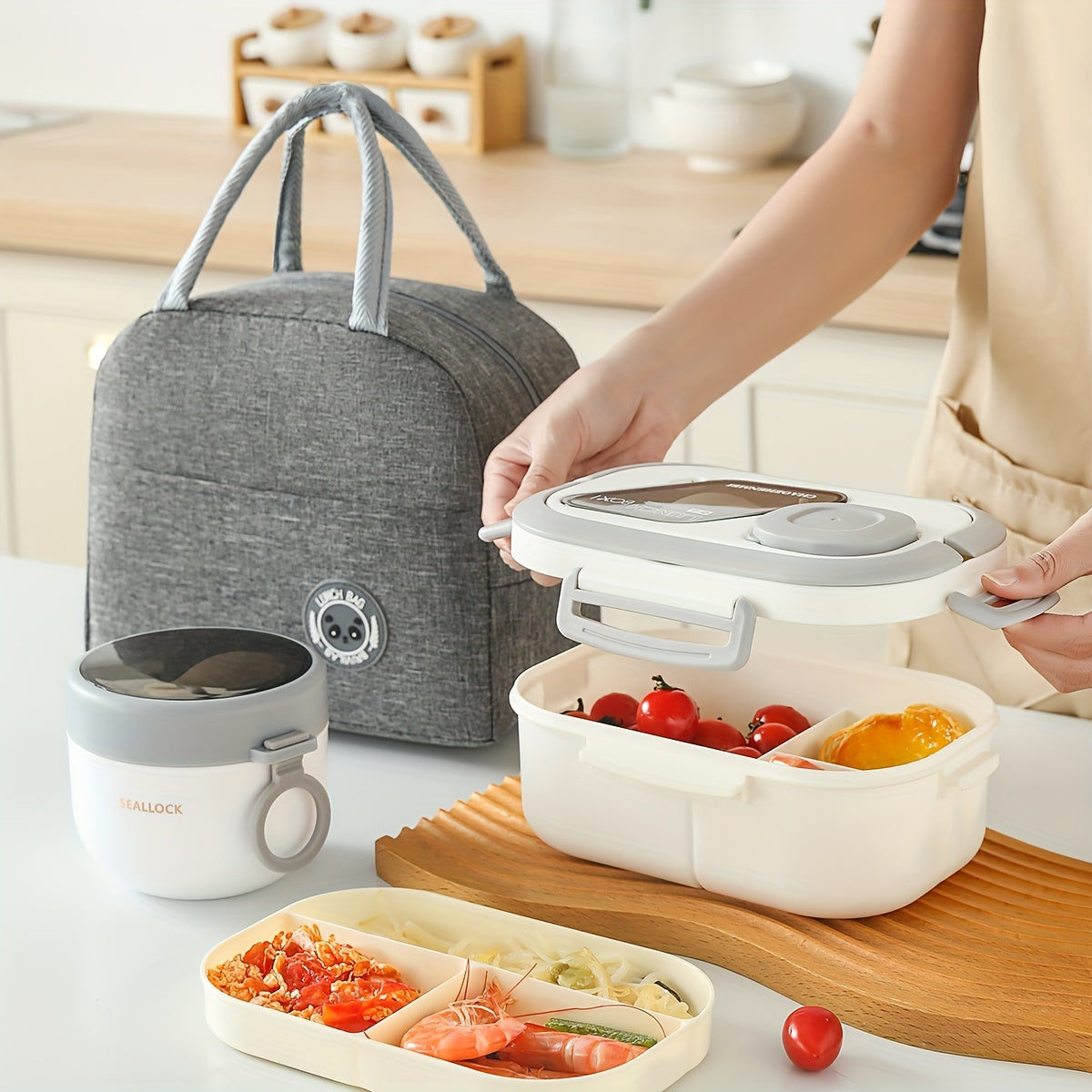 Juego de 3 loncheras portátiles: bolsa térmica, lonchera y taza de avena. Bolsa térmica plegable de aluminio con lonchera de polipropileno y taza de avena.