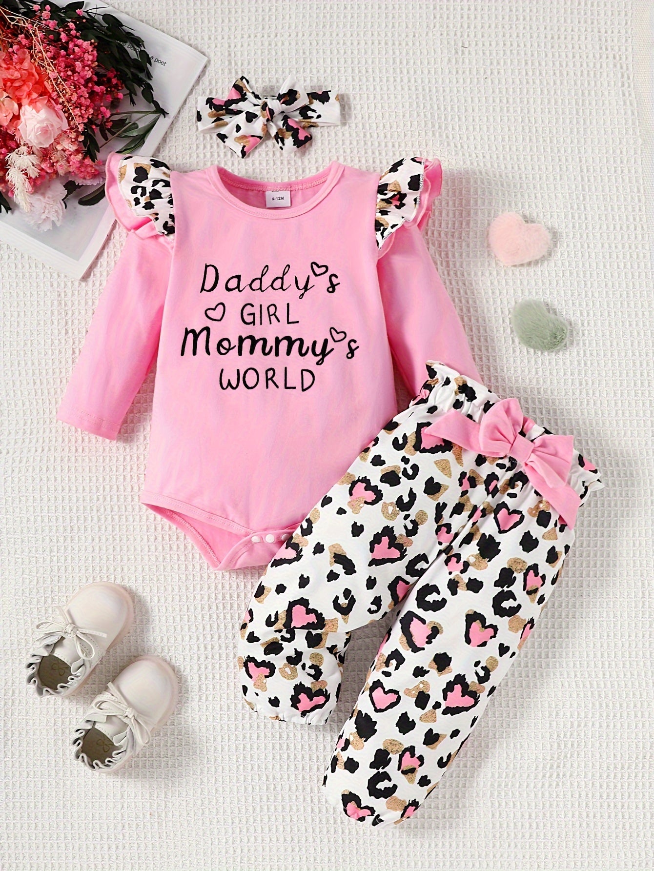 Adorable 3pcs Outfit For Baby Girls - Romper, Ruffle Sleeve Bodysuit, Cartoon Print Pants &amp; Headband Set!