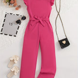 Elegant Girls Solid Belted Flutter Trim Jumpsuit Romper For Summer Party Gift Outdoor