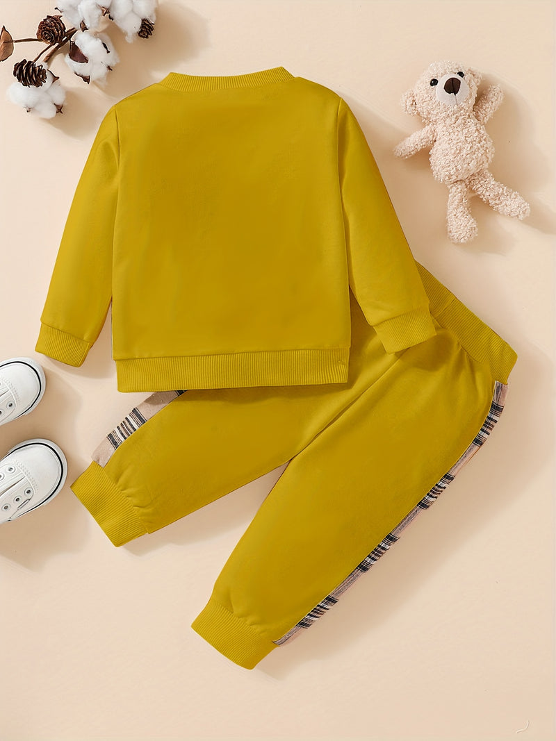 Adorable 2pcs Outfit For Toddler Girls &amp; Boys - Bear Embroidery Sweatshirt &amp; Splicing Pants! Outdoor Clothes