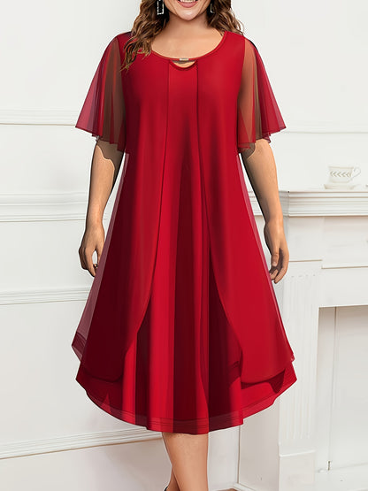 Elegant Plus Size Chiffon-Look Dress for Women - Crew Neck, Short Sleeve with Metallic Detail, Perfect for Spring/Summer/Fall