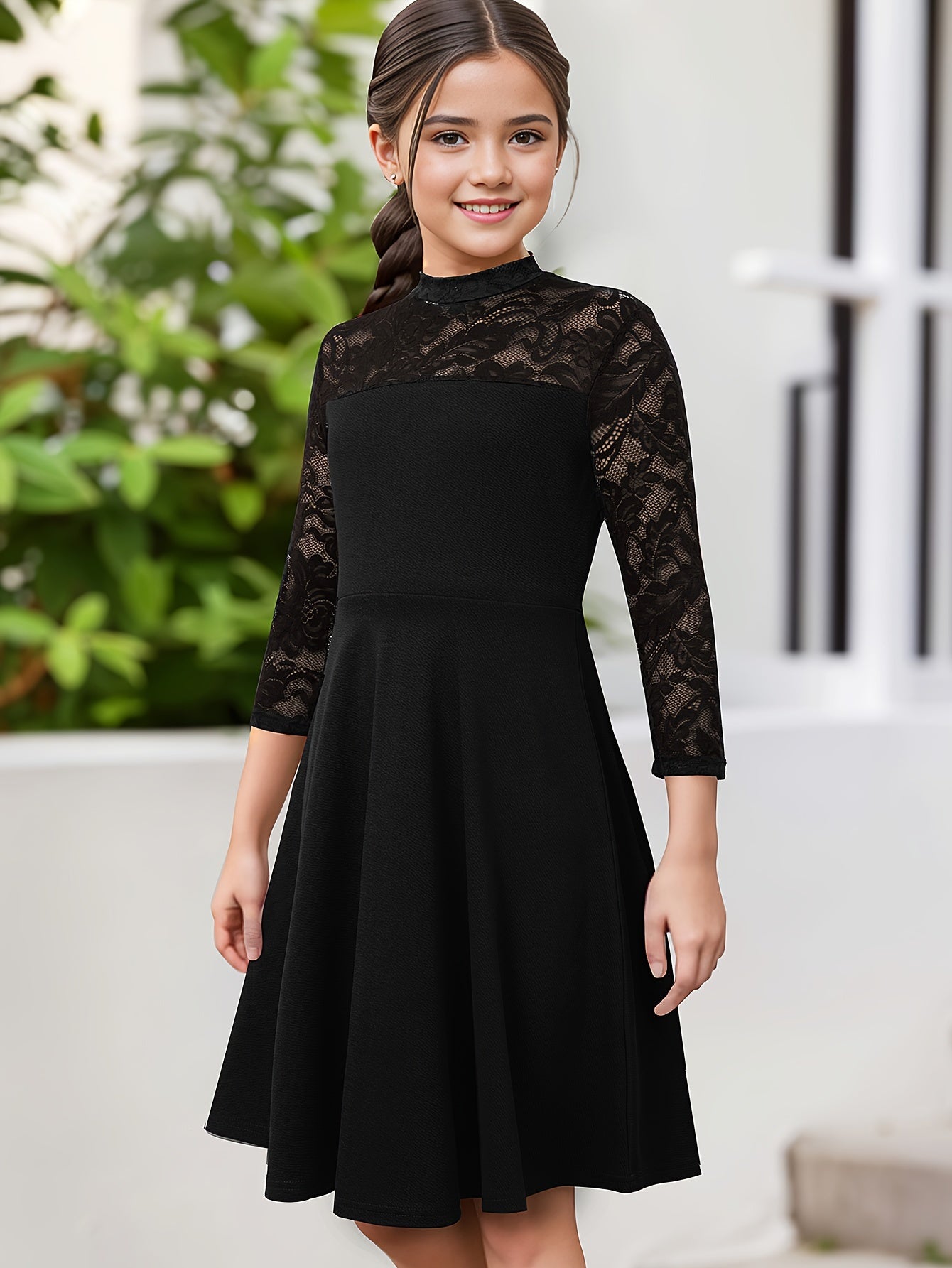 Elegante vestido de niña con encaje y cremallera, de corte A, color liso, mezcla de poliéster elástico, ideal para primavera, verano y otoño.