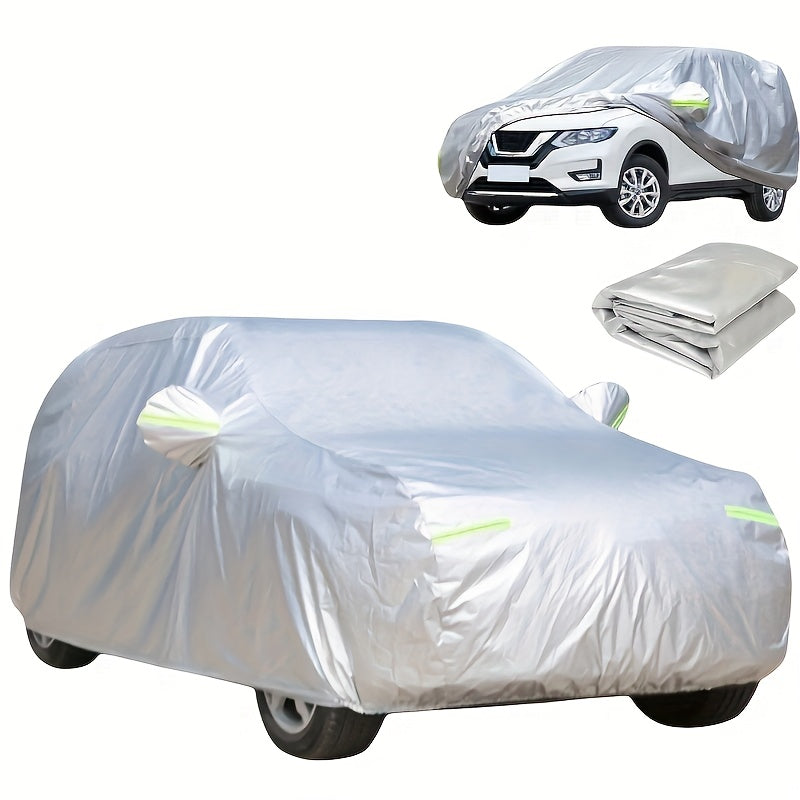 UV-Resistant & Dustproof Car Cover with Reflective Safety Strips - Fits Cars, SUVs, Pickups & Hatchbacks, Durable Polyester, Silvery